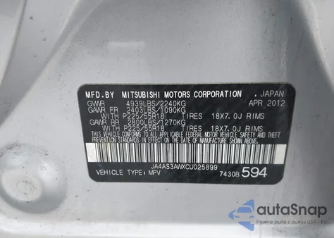 2012 Mitsubishi Outlander Se z USA, uszkodzony, nr VIN JA4AS3AWXCU025899